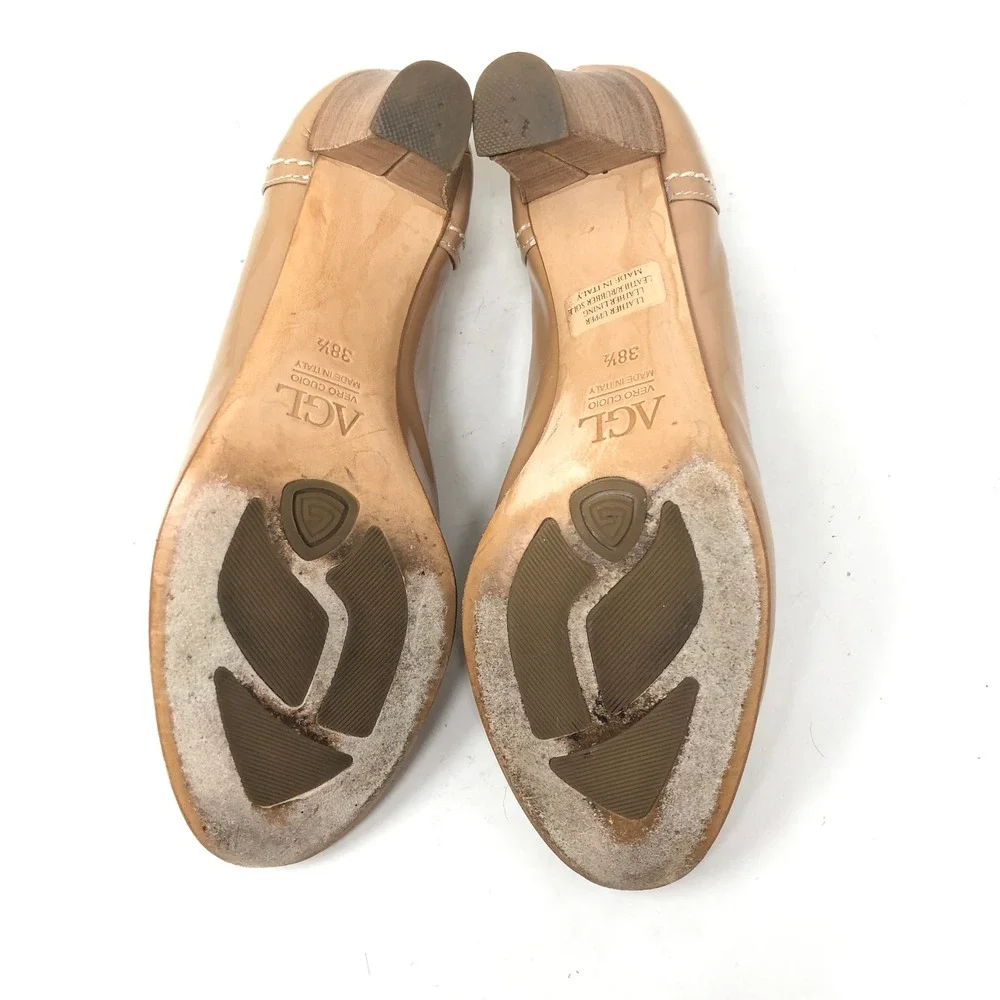 AGL Tan Patent Leather Pumps Round Toe Stitch Heels Womens 38.5